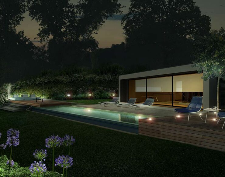 Il giardino effetto sorpresa con piscina illuminato