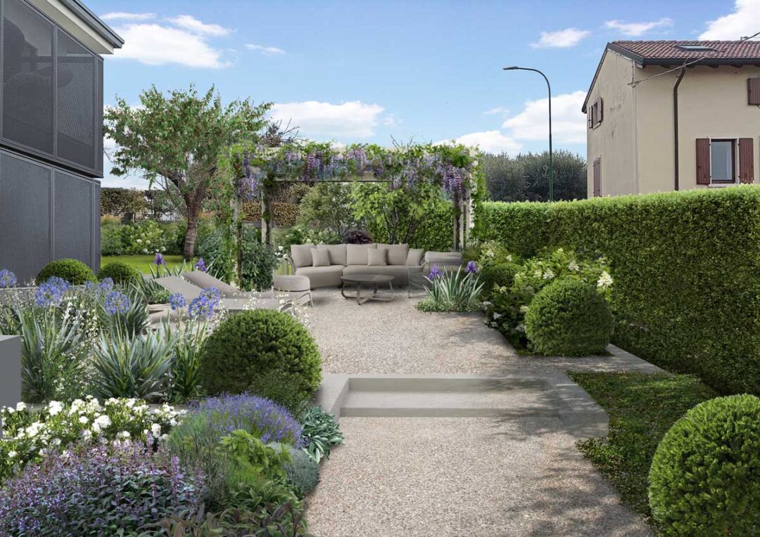 Giardino in pendenza a Verona progettato su più livelli con pergola verde e vasca idromassaggio