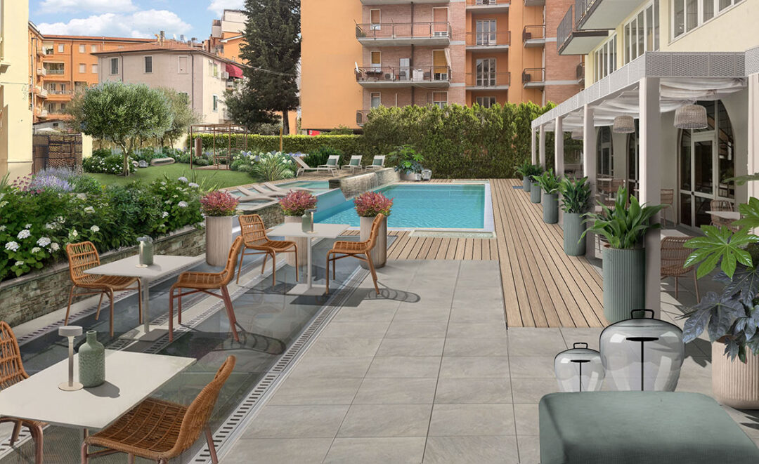Giardino di hotel a Verona progettato con piscina, pergola e aree relax